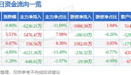 股票行情快报：天舟文化（300148）12月9日主力资金净卖出6236.21万元