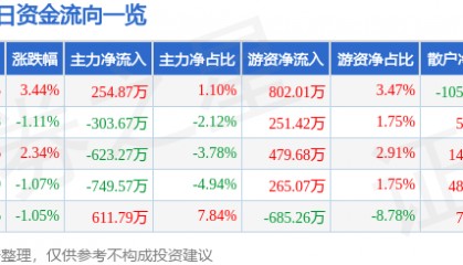股票行情快报：南天信息（000948）2月5日主力资金净买入254.87万元