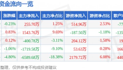股票行情快报：九芝堂（000989）5月30日主力资金净买入255.70万元