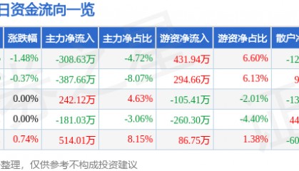 股票行情快报：恒星科技（002132）1月21日主力资金净卖出308.63万元