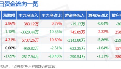 股票行情快报：智度股份（000676）2月5日主力资金净买入383.12万元