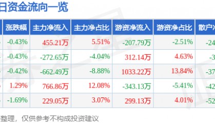 股票行情快报：华侨城Ａ（000069）6月9日主力资金净买入455.21万元