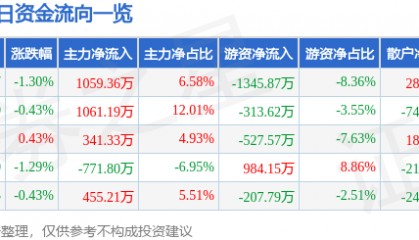 股票行情快报：华侨城Ａ（000069）6月13日主力资金净买入1059.36万元