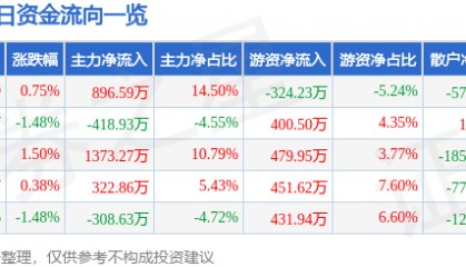 股票行情快报：恒星科技（002132）1月27日主力资金净买入896.59万元