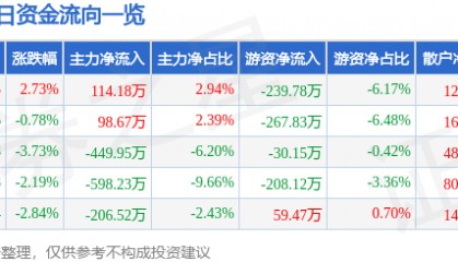 股票行情快报：恒星科技（002132）1月7日主力资金净买入114.18万元