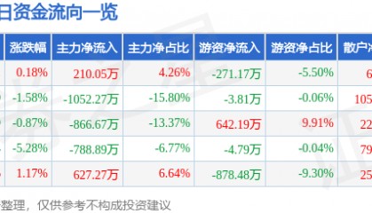 股票行情快报：湖南投资（000548）12月20日主力资金净买入210.05万元