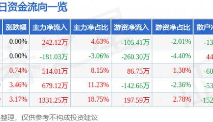 股票行情快报：恒星科技（002132）1月17日主力资金净买入242.12万元