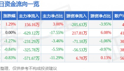 股票行情快报：华侨城Ａ（000069）5月27日主力资金净买入156.16万元