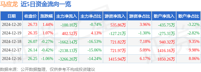 股票行情快报：马应龙（600993）12月20日主力资金净卖出100.10万元