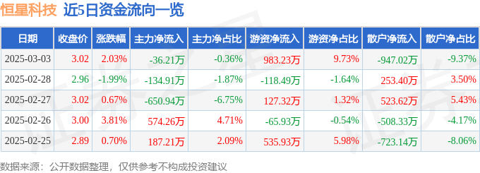 股票行情快报：恒星科技（002132）3月3日主力资金净卖出36.21万元