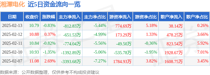 股票行情快报：湘潭电化（002125）2月13日主力资金净卖出812.83万元