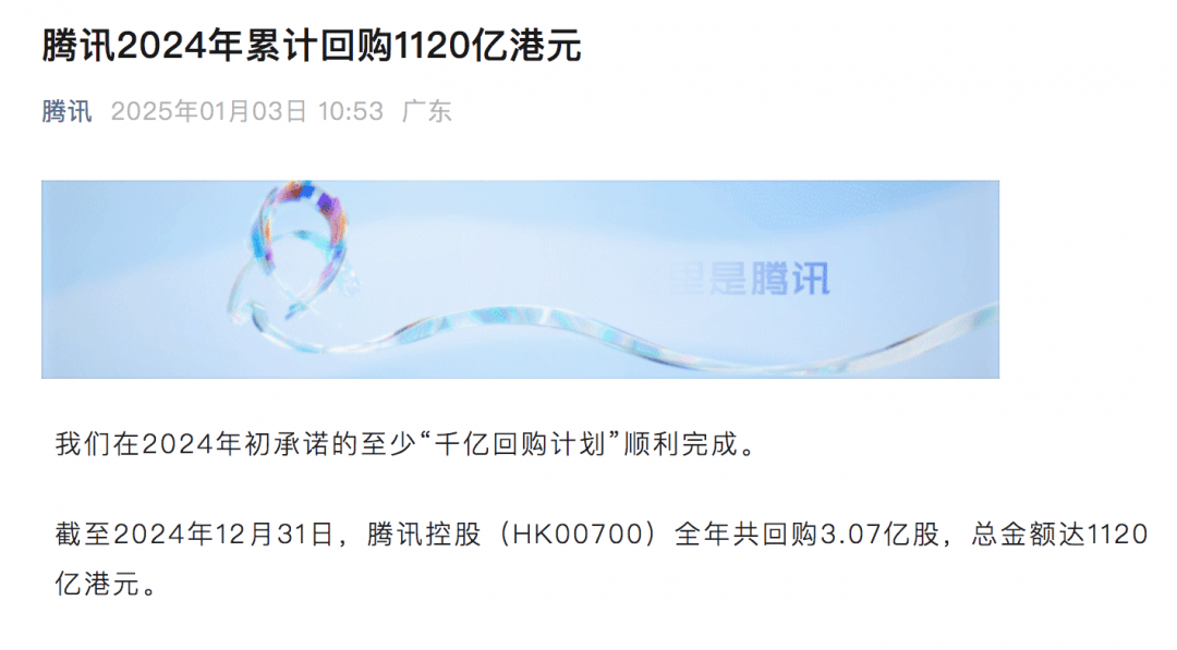 腾讯控股完成千亿回购计划