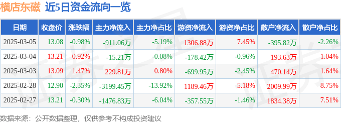 股票行情快报：横店东磁（002056）3月5日主力资金净卖出911.06万元