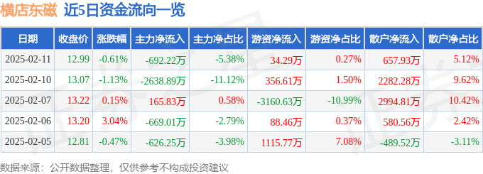 股票行情快报：横店东磁（002056）2月11日主力资金净卖出692.22万元