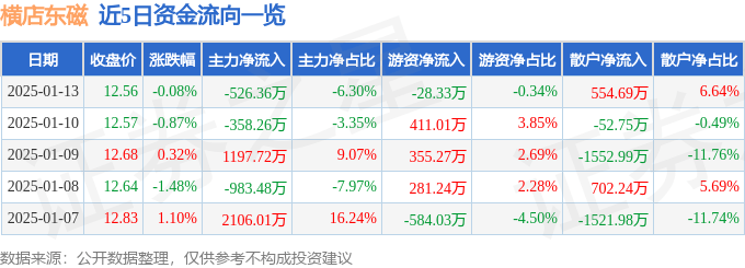 股票行情快报：横店东磁（002056）1月13日主力资金净卖出526.36万元