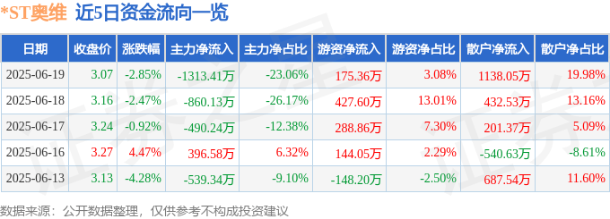 股票行情快报：*ST奥维（002231）6月19日主力资金净卖出1313.41万元